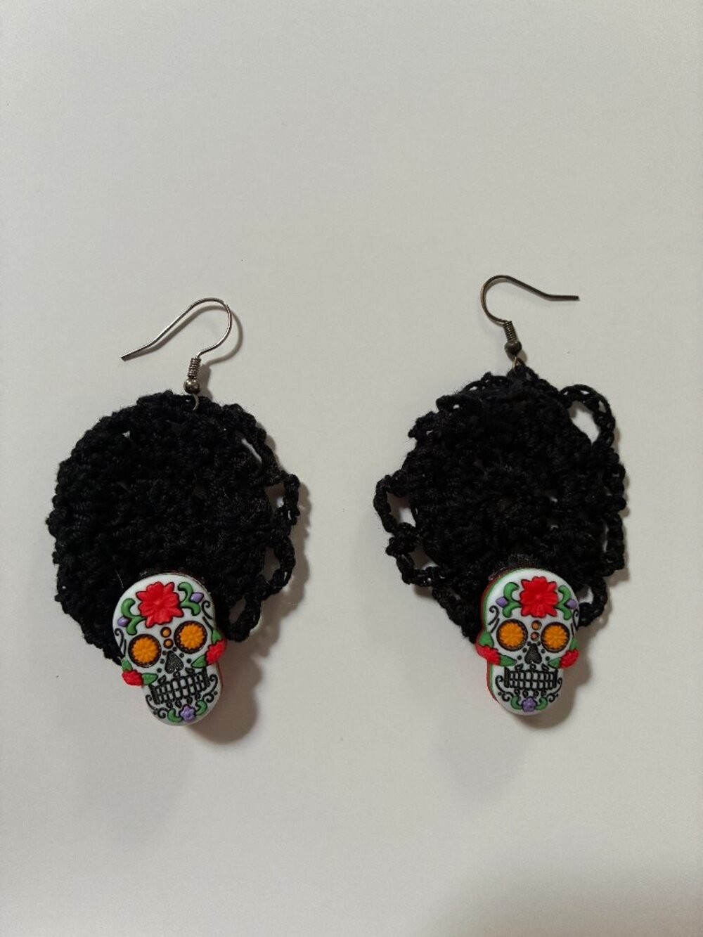 Day of the Dead Sugar Skulls Skeleton Black Crochet Hook Dangle Earrings 2" Goth